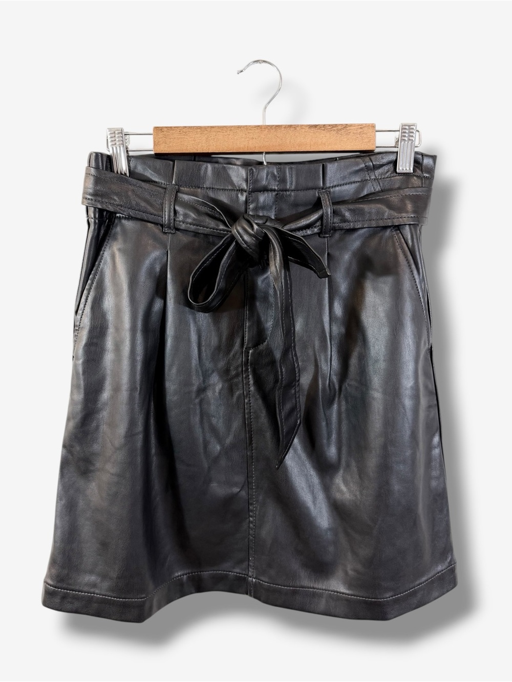 Loft Black Faux Leather Skirt Size 2 Belted Tie Waist A-Line Flare Preppy Casual
